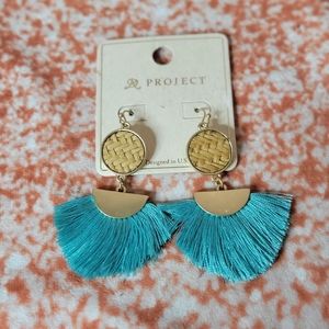 Teal Hoop Fan Tassel Earring Fringe Circle Round Drop Straw Boho Earrings